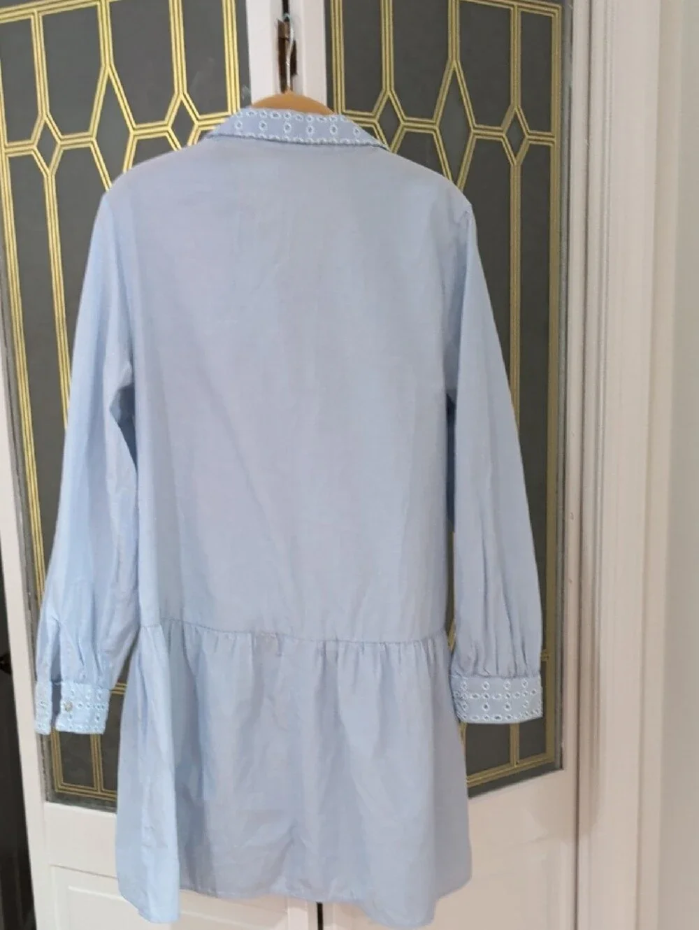 Zara Pale Blue Eyelet Cotton Long-Sleeve Shirt Dress